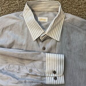 Brioni Shirt Mens XXL Blue White Long Sleeve Button Italy French Cuff 100 cotton